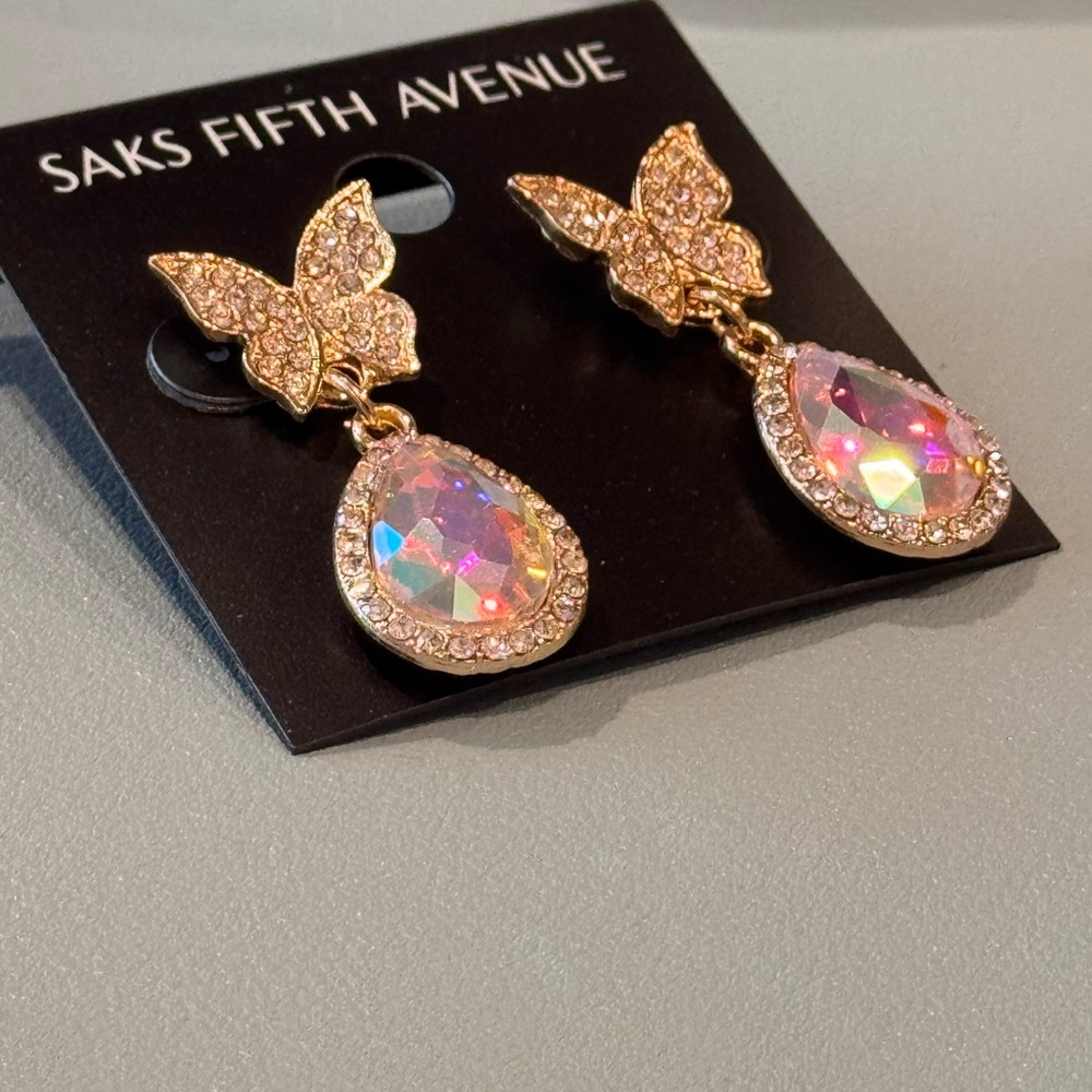 Saks Fifth Avenue Gold Butterfly Earrings with Iridescent Stones
